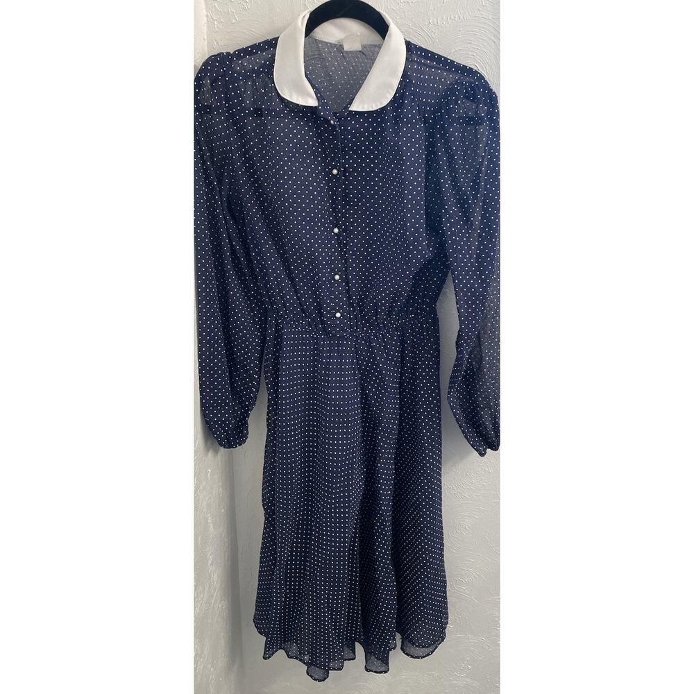 Vintage Womens Sheer Blue/White Polka Dot Midi Dress Size 14 Pearl Button